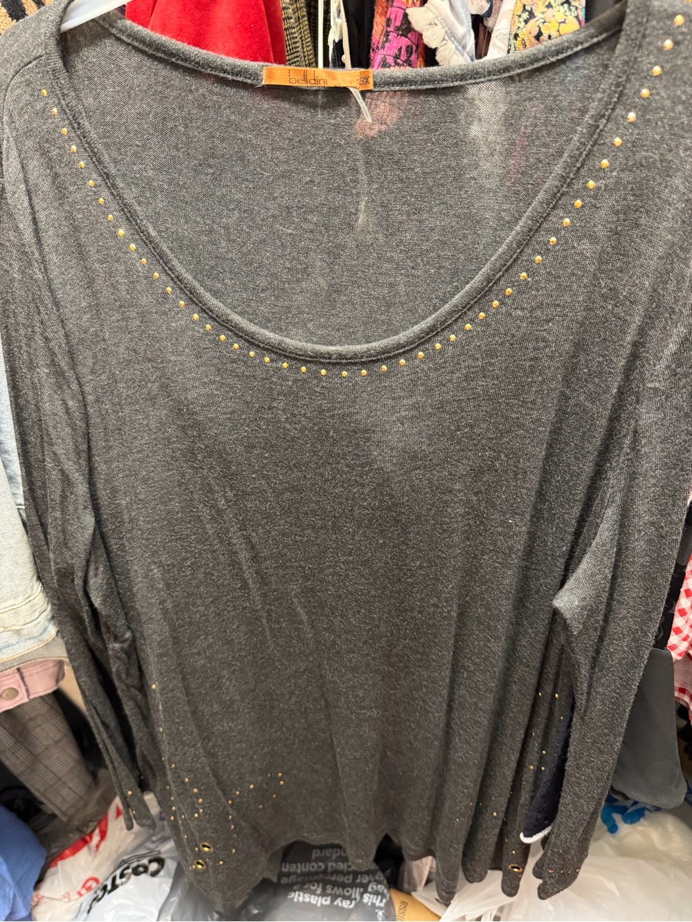 Belldini Charcoal Gray Long Sleeve Scoop Neck Top with Gold Studs